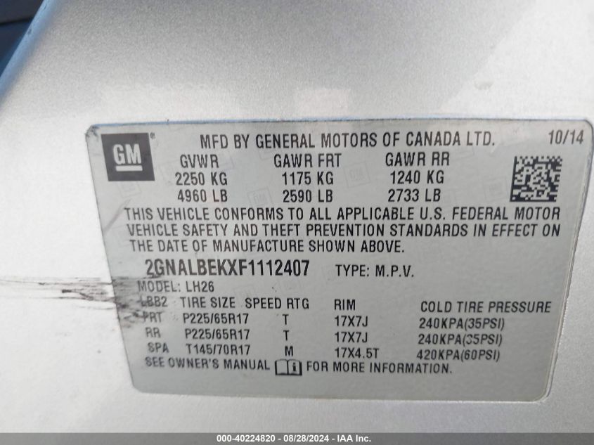 2015 Chevrolet Equinox Lt VIN: 2GNALBEKXF1112407 Lot: 40224820