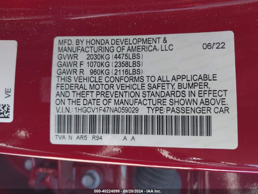 2022 Honda Accord Sport Special Edition VIN: 1HGCV1F47NA059029 Lot: 40224899