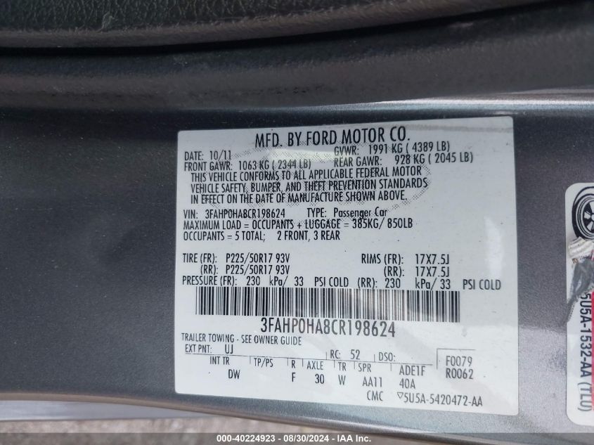 2012 Ford Fusion Se VIN: 3FAHP0HA8CR198624 Lot: 40224923