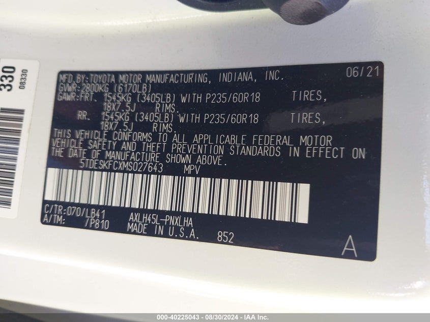 2021 Toyota Sienna Platinum VIN: 5TDESKFCXMS027643 Lot: 40225043