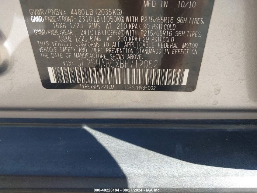 2011 Subaru Forester 2.5X VIN: JF2SHABCXBH712052 Lot: 40225184