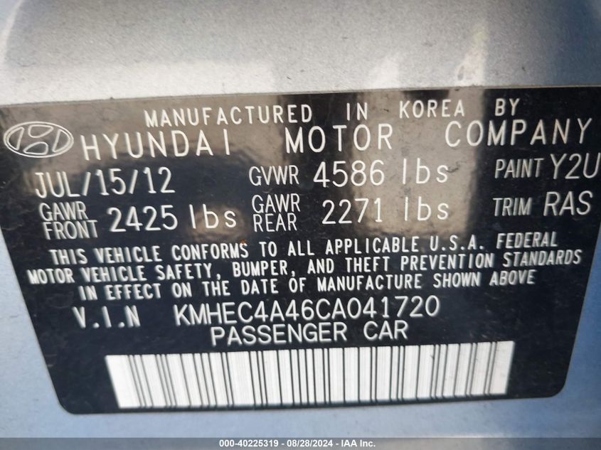 2012 Hyundai Sonata Hybrid VIN: KMHEC4A46CA041720 Lot: 40225319