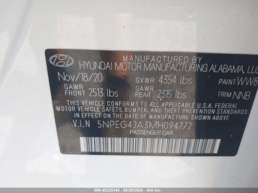 5NPEG4JA3MH094772 2021 Hyundai Sonata Se