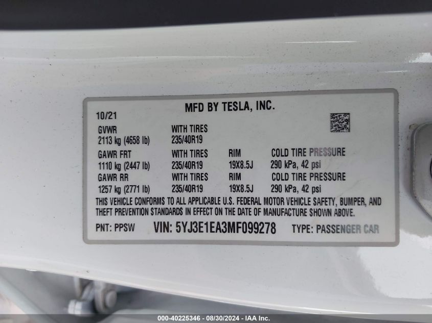 2021 Tesla Model 3 Standard Range Plus Rear-Wheel Drive VIN: 5YJ3E1EA3MF099278 Lot: 40225346