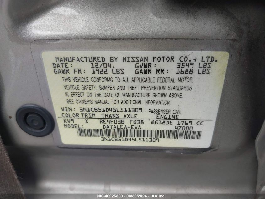 2005 Nissan Sentra 1.8S VIN: 3N1CB51D45L511309 Lot: 40225369