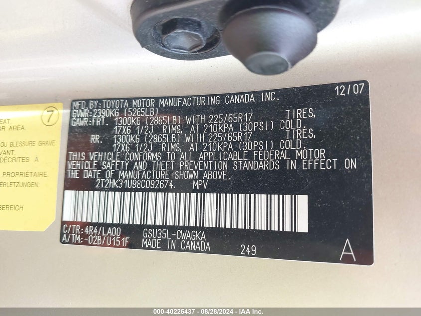 2008 Lexus Rx 350 350 VIN: 2T2HK31U98C092674 Lot: 40225437