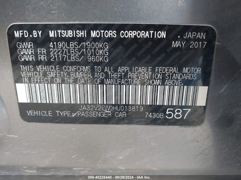 2017 Mitsubishi Lancer Se VIN: JA32V2FW0HU013819 Lot: 40225440