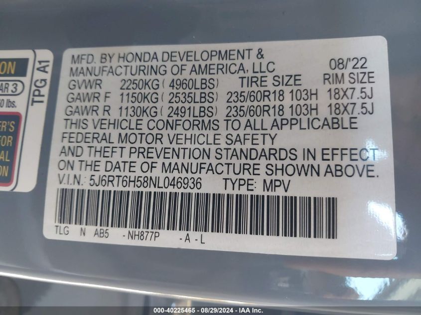 2022 Honda Cr-V Hybrid Ex VIN: 5J6RT6H58NL046936 Lot: 40225465