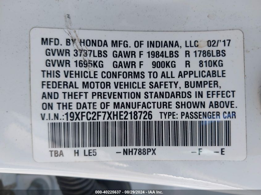 2017 Honda Civic Ex VIN: 19XFC2F7XHE218726 Lot: 40225637