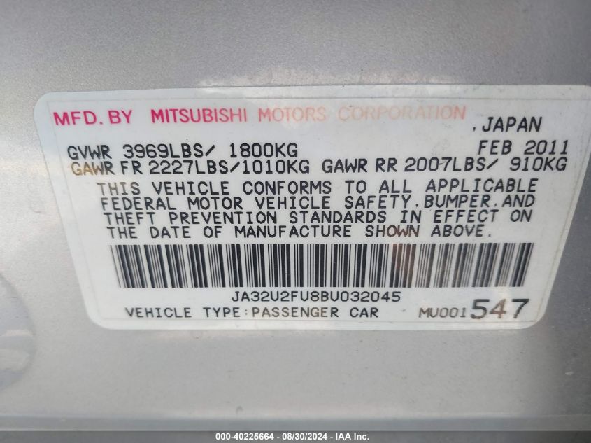 2011 Mitsubishi Lancer Es VIN: JA32U2FU8BU032045 Lot: 40225664