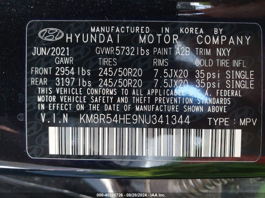 2022 Hyundai Palisade Limited VIN: KM8R54HE9NU341344 Lot: 40225726