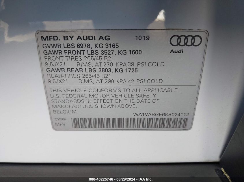 2019 Audi E-Tron Premium Plus VIN: WA1VABGE6KB024112 Lot: 40225746