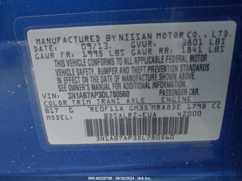 2013 Nissan Sentra Sr VIN: 3N1AB7AP3DL780560 Lot: 40225759