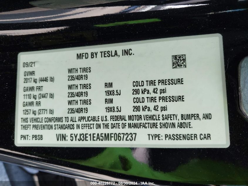 2021 Tesla Model 3 Standard Range Plus Rear-Wheel Drive VIN: 5YJ3E1EA5MF067237 Lot: 40225772