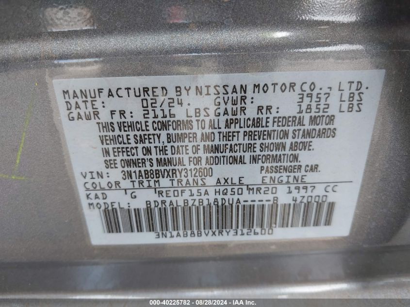 2024 Nissan Sentra S Xtronic Cvt VIN: 3N1AB8BVXRY312600 Lot: 40225782