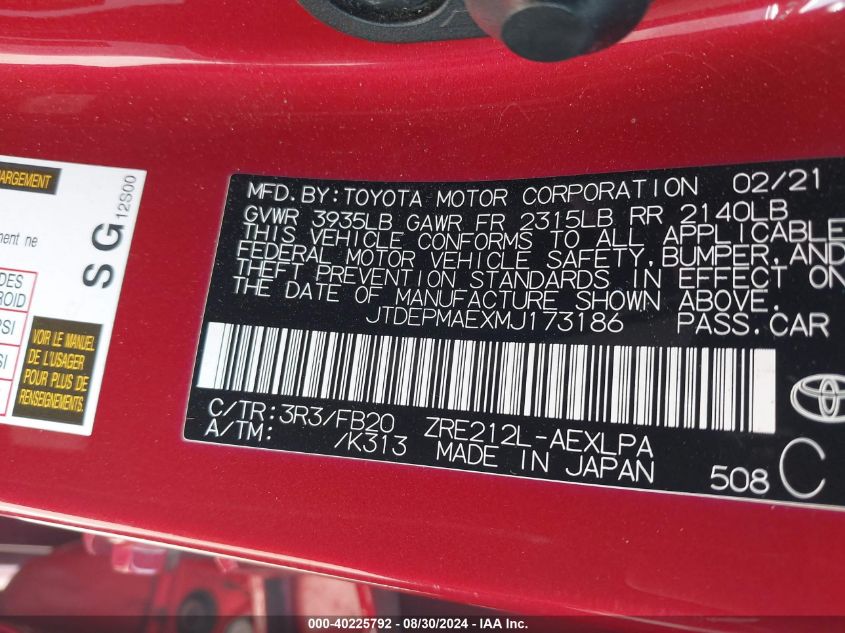 2021 TOYOTA COROLLA 1.8L I-4 DOHC, VVT, (VIN: JTDEPMAEXMJ173186