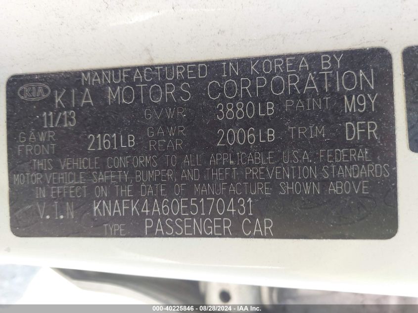 2014 Kia Forte Lx VIN: KNAFK4A60E5170431 Lot: 40225846