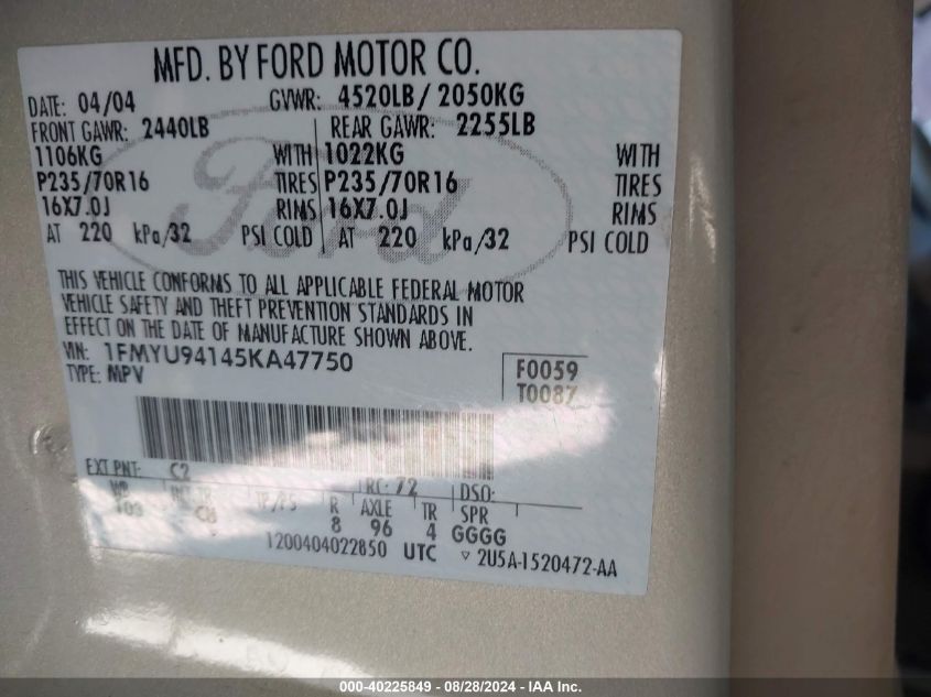 2005 Ford Escape Limited VIN: 1FMYU94145KA47750 Lot: 40225849