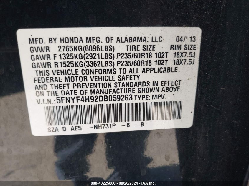 2013 Honda Pilot Touring VIN: 5FNYF4H92DB059263 Lot: 40225880