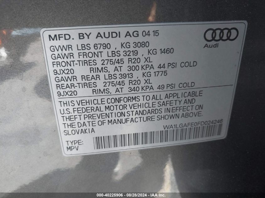 2015 Audi Q7 3.0T Premium VIN: WA1LGAFE0FD024246 Lot: 40225906