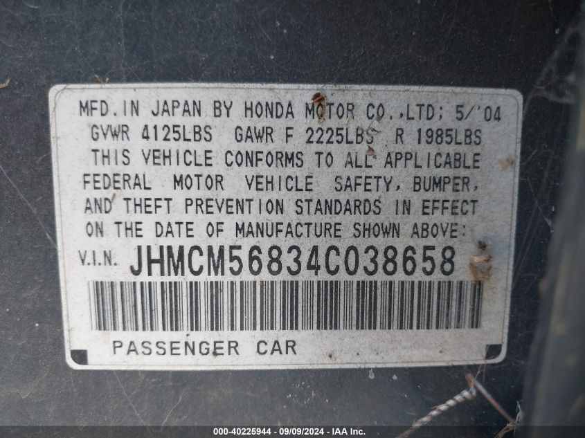 2004 Honda Accord 2.4 Ex VIN: JHMCM56834C038658 Lot: 40225944