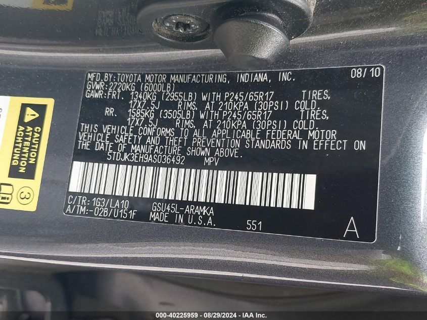 2010 Toyota Highlander Se VIN: 5TDJK3EH9AS036492 Lot: 40225959