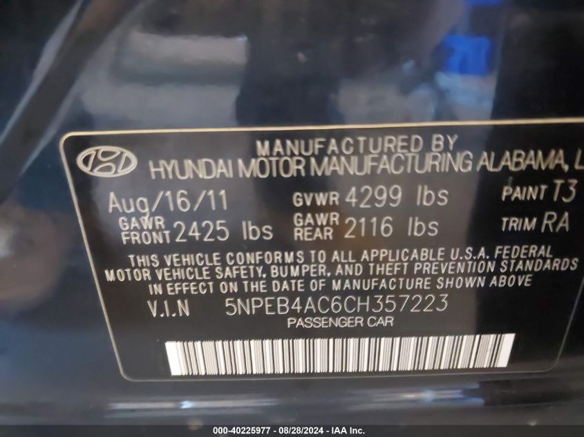 5NPEB4AC6CH357223 2012 Hyundai Sonata Gls