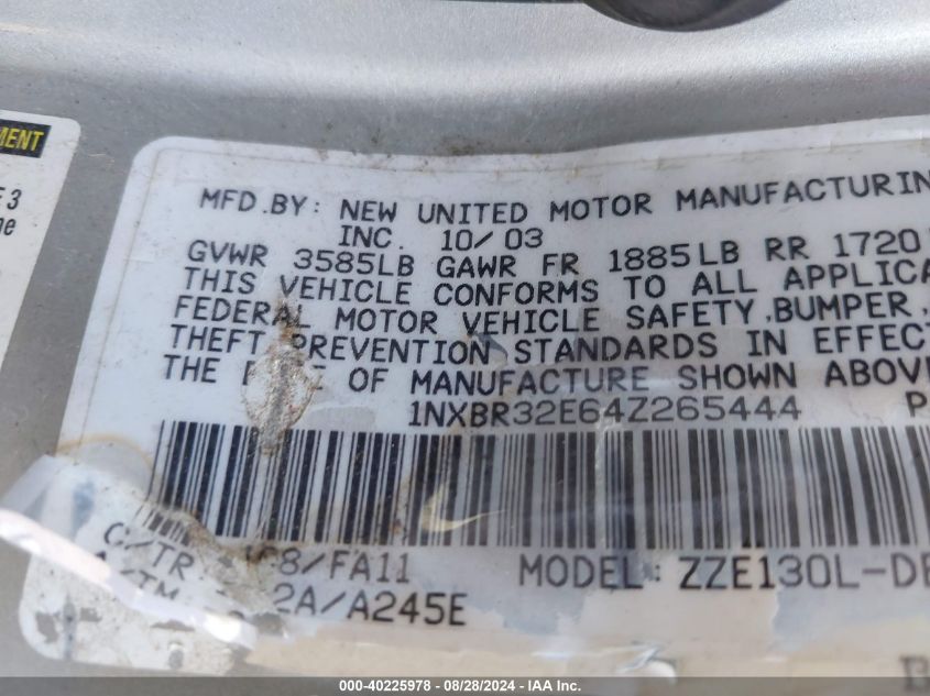 2004 Toyota Corolla Ce/Le/S VIN: 1NXBR32E64Z265444 Lot: 40225978