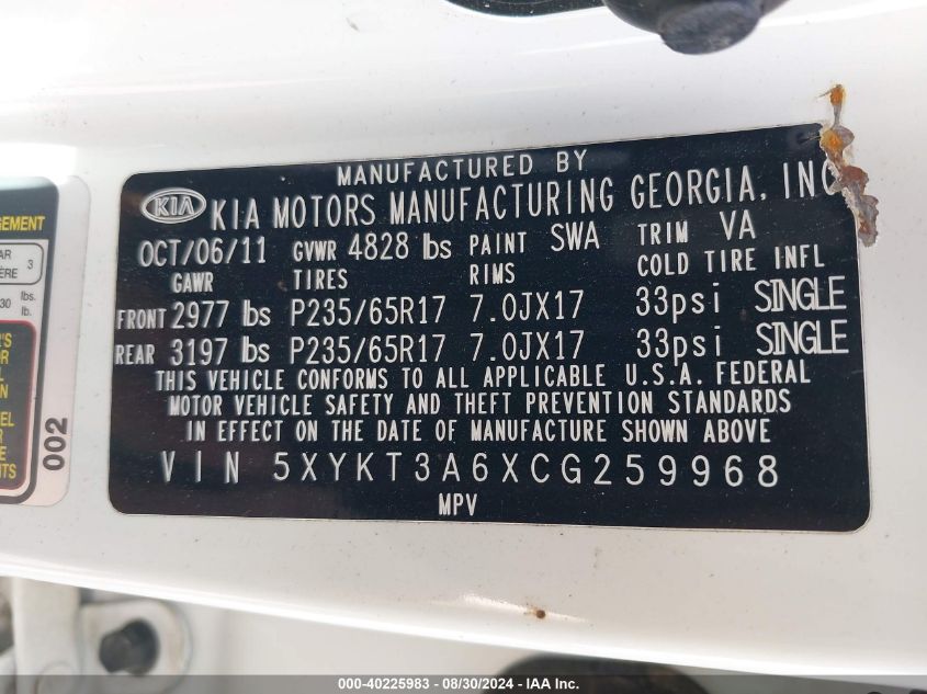 5XYKT3A6XCG259968 2012 Kia Sorento Lx