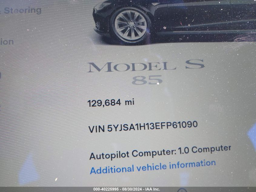 2014 Tesla Model S P85 VIN: 5YJSA1H13EFP61090 Lot: 40225995