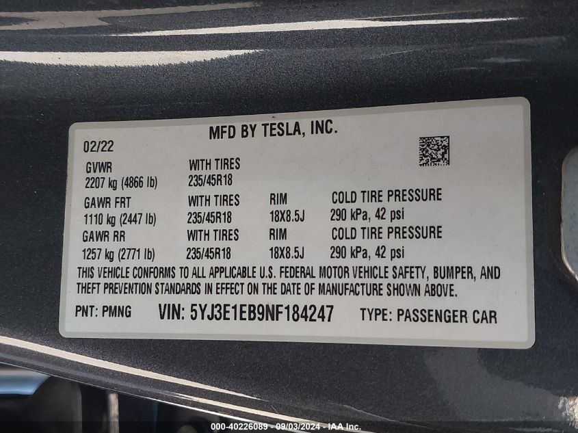 2022 Tesla Model 3 Long Range Dual Motor All-Wheel Drive VIN: 5YJ3E1EB9NF184247 Lot: 40226089