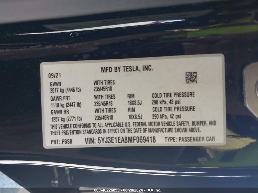 2021 Tesla Model 3 Standard Range Plus Rear-Wheel Drive VIN: 5YJ3E1EA8MF069418 Lot: 40226093