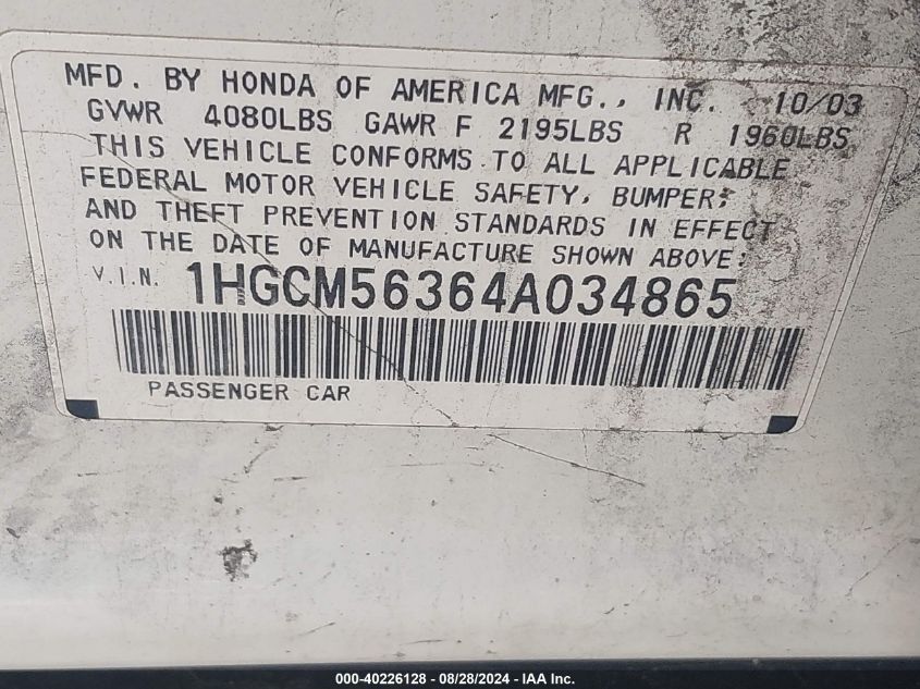2004 Honda Accord 2.4 Lx VIN: 1HGCM56364A034865 Lot: 40226128