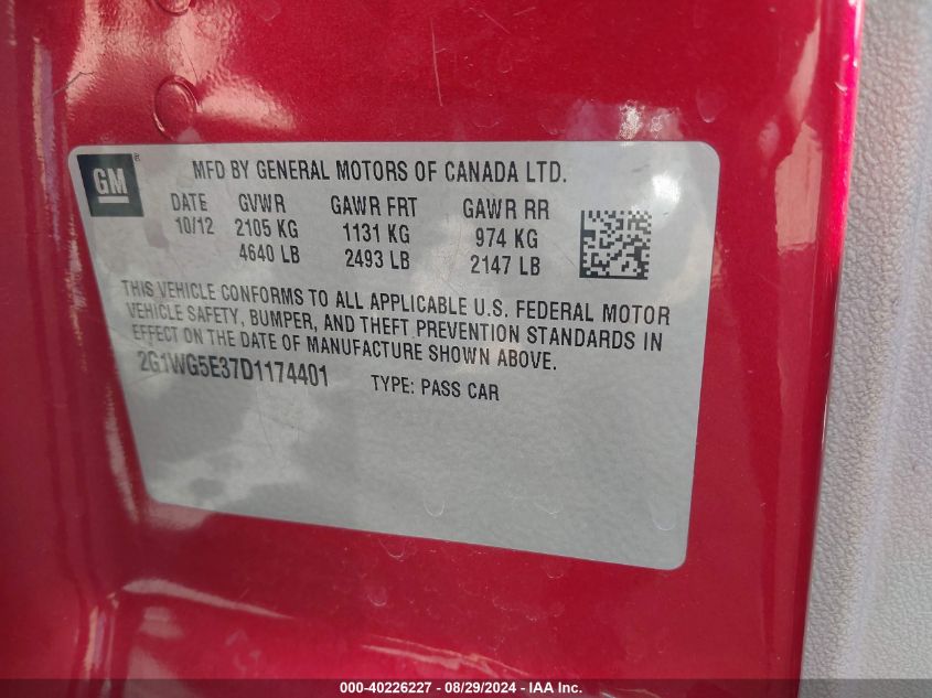 2013 Chevrolet Impala Lt VIN: 2G1WG5E37D1174401 Lot: 40226227