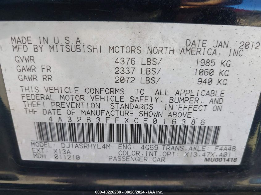 2012 Mitsubishi Galant Es/Se VIN: 4A32B3FFXCE016386 Lot: 40226288