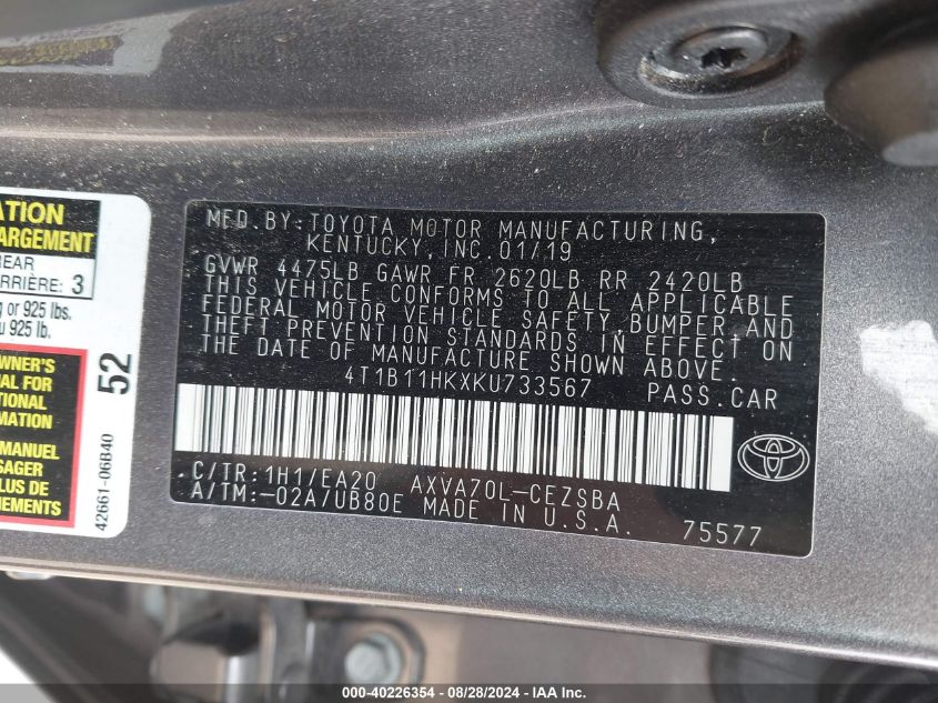 4T1B11HKXKU733567 2019 Toyota Camry Se