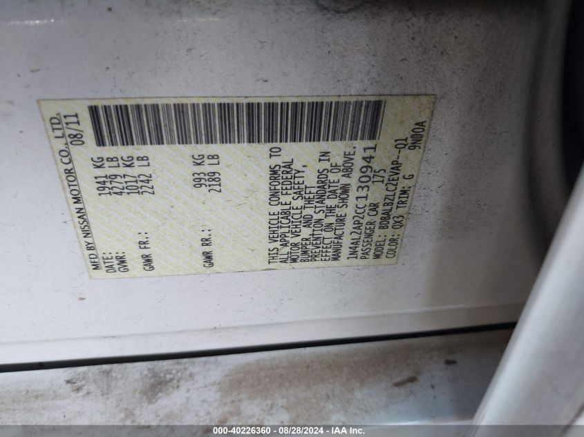 2012 Nissan Altima 2.5 S VIN: 1N4AL2AP2CC130941 Lot: 40226360