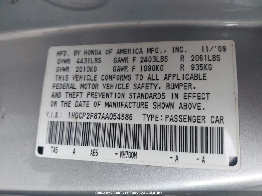 2010 Honda Accord Sdn 2.4 Ex-L/Ex-L VIN: 1HGCP2F87AA054586 Lot: 40226380