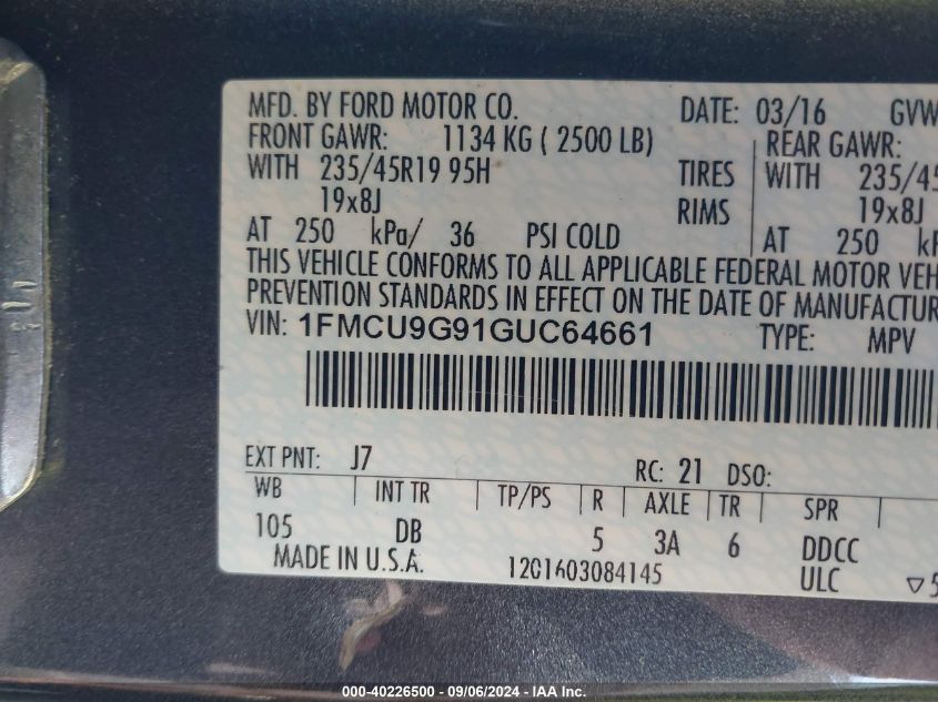 1FMCU9G91GUC64661 2016 Ford Escape Se