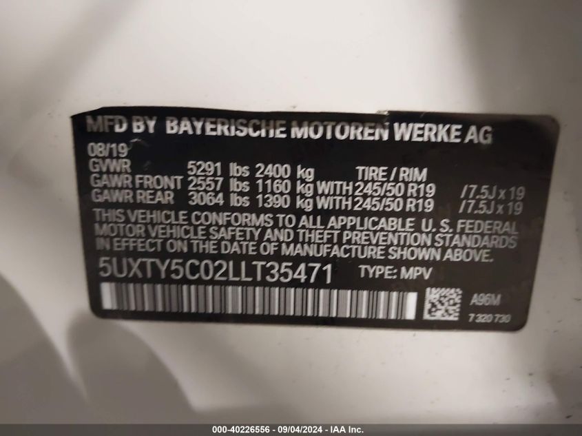 2020 BMW X3 xDrive30I VIN: 5UXTY5C02LLT35471 Lot: 40226556