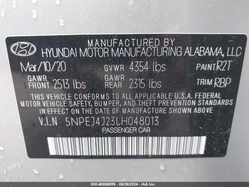 2020 Hyundai Sonata Sel Plus VIN: 5NPEJ4J23LH048013 Lot: 40226576