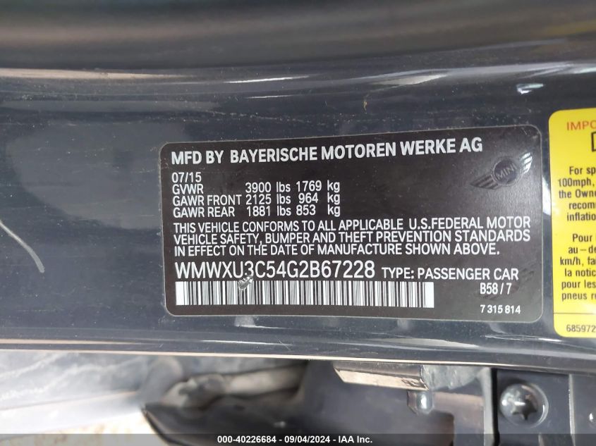 WMWXU3C54G2B67228 2016 Mini Hardtop Cooper S