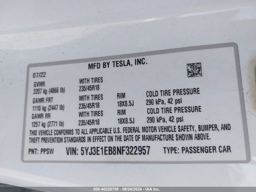 2022 Tesla Model 3 Long Range Dual Motor All-Wheel Drive VIN: 5YJ3E1EB8NF322957 Lot: 40226708