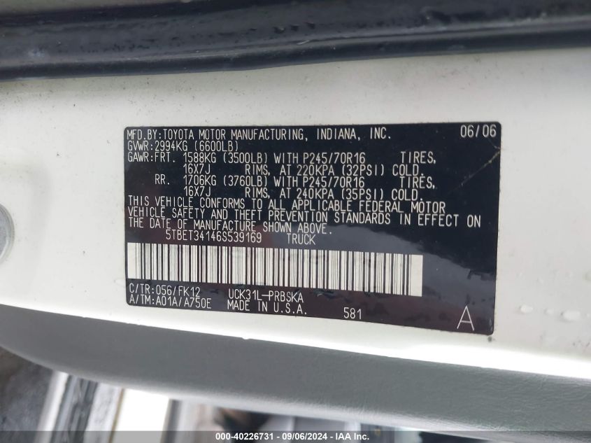 5TBET34146S539169 2006 Toyota Tundra Sr5 V8