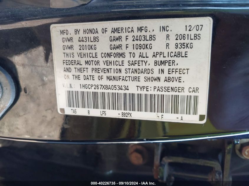 1HGCP267X8A053434 2008 Honda Accord Ex