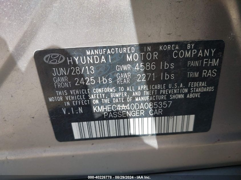 2013 Hyundai Sonata Hybrid VIN: KMHEC4A40DA085357 Lot: 40226778