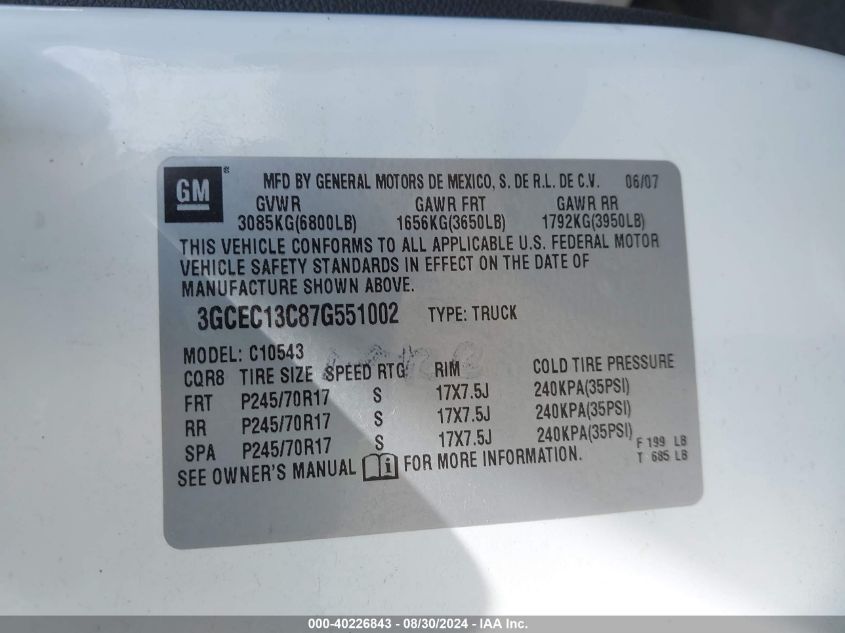 3GCEC13C87G551002 2007 Chevrolet Silverado 1500 Lt1