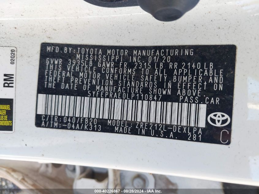 2020 TOYOTA COROLLA LE - 5YFEPRAE0LP110847