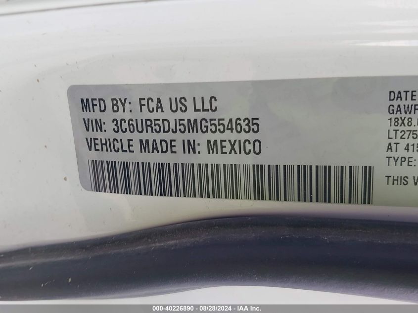 2021 Ram 2500 Big Horn 4X4 6'4 Box VIN: 3C6UR5DJ5MG554635 Lot: 40226890