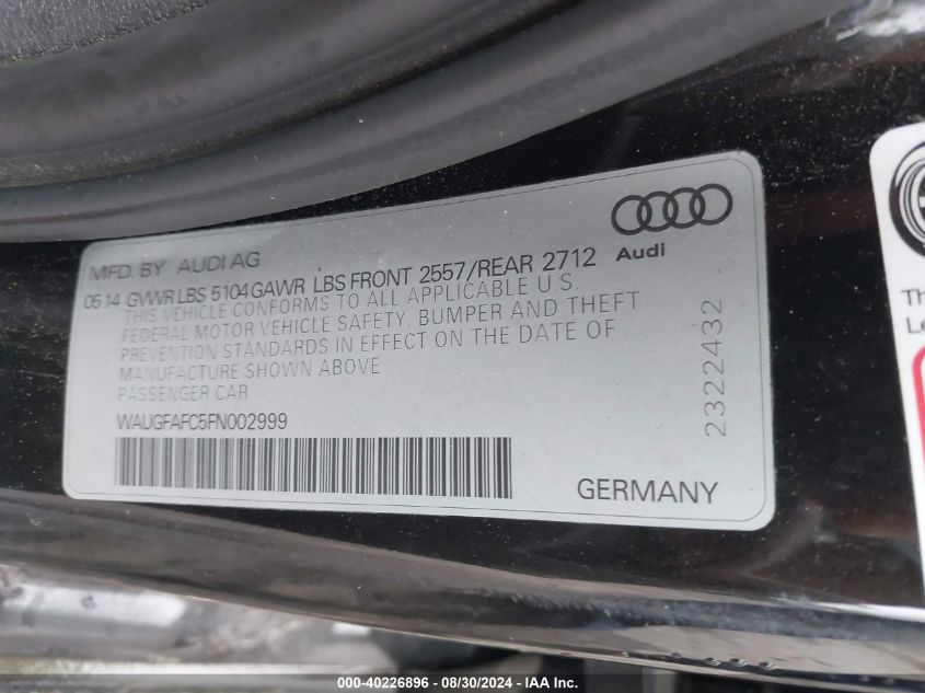 2015 Audi A6 2.0T Premium VIN: WAUGFAFC5FN002999 Lot: 40226896